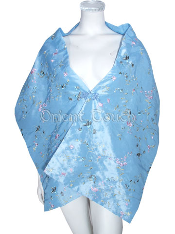 Thai Silk Shawl  Embroidery Flowers in Light Blue